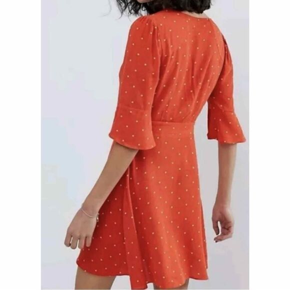 Free People All Yours Polkadot Flounce Sleeve Mini Dress Orange V Neck 4 - Picture 5 of 15